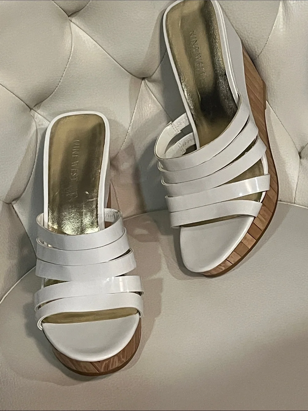 New Nine West White Multi-Strap Platform Wedge Slides